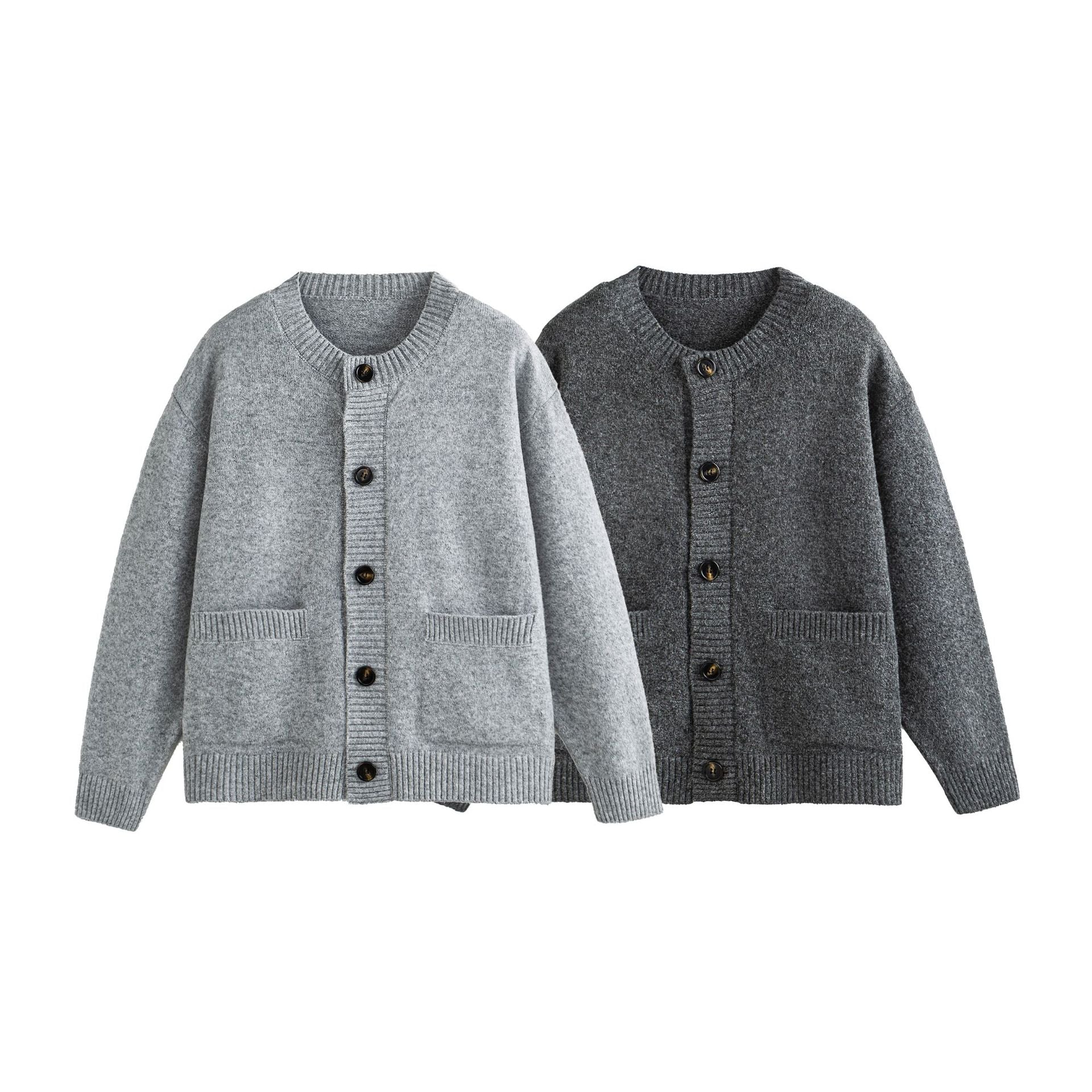 Unisex Chunky Knit Boxy Cardigan with Button Placket, Round Neck and Patch Pockets Chichicherry