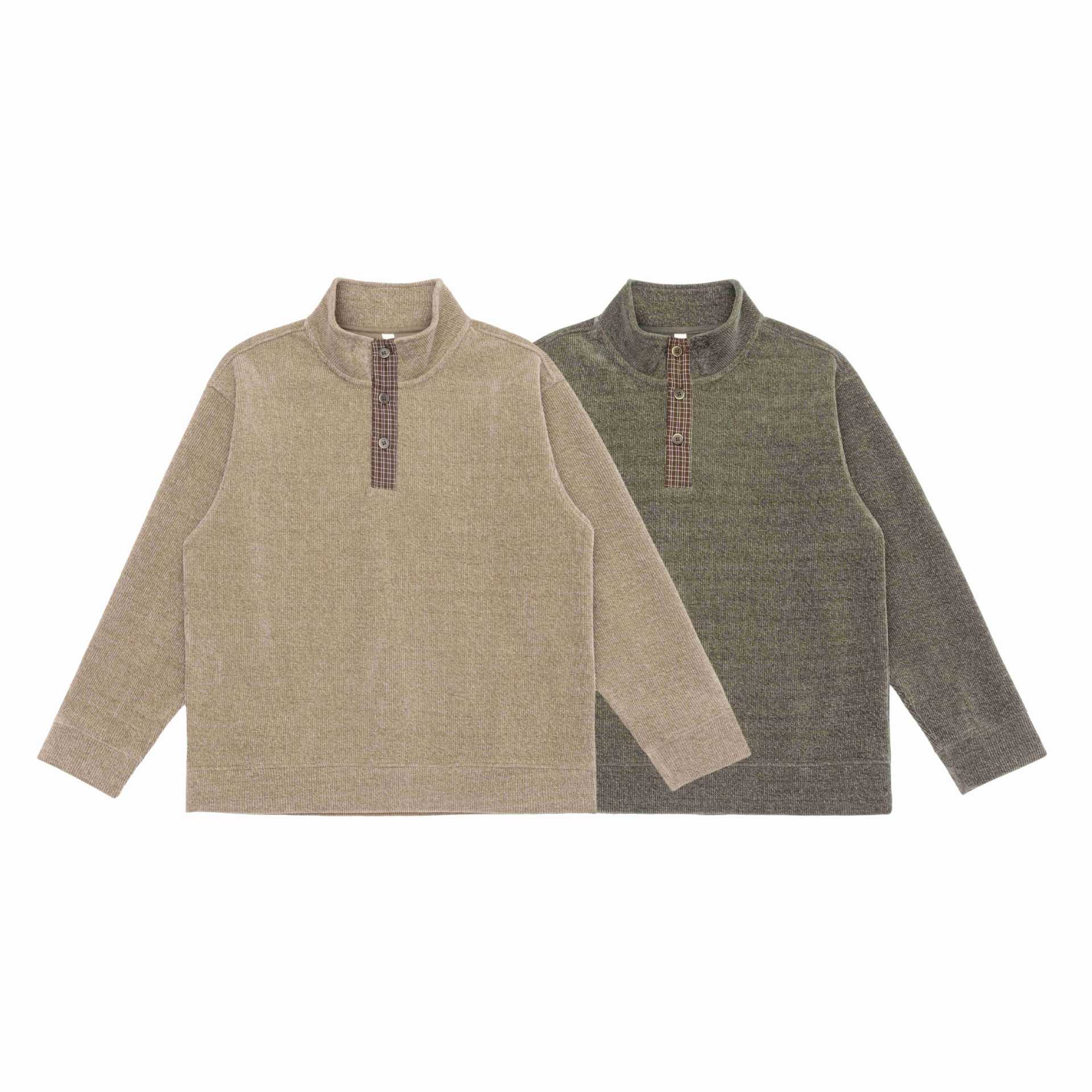 Unisex Fine Structure Half-Zip Sweater with Stand Collar and Checked Button Placket Chichicherry
