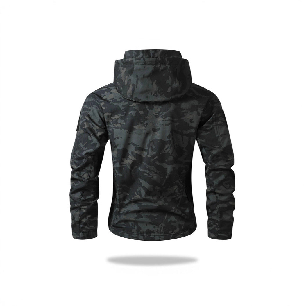 Men's Tactical Softshell Jacket with Hood, Camouflage Print and Multifunctional Pockets Chichicherry