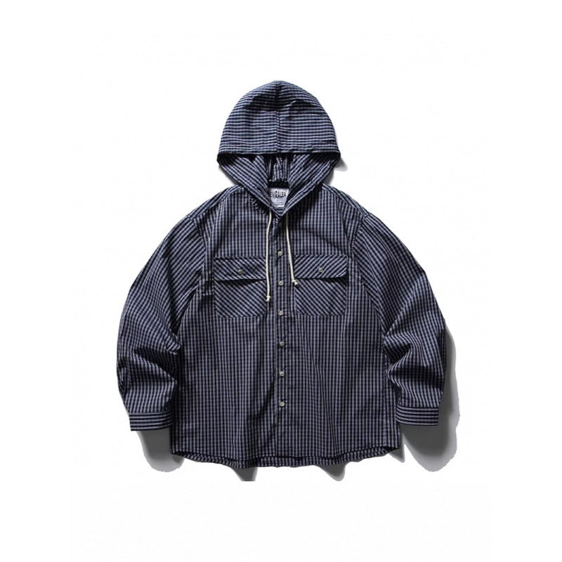 Unisex Loose-fitting hooded overshirt made of cotton blend with check pattern and breast pockets Chichicherry