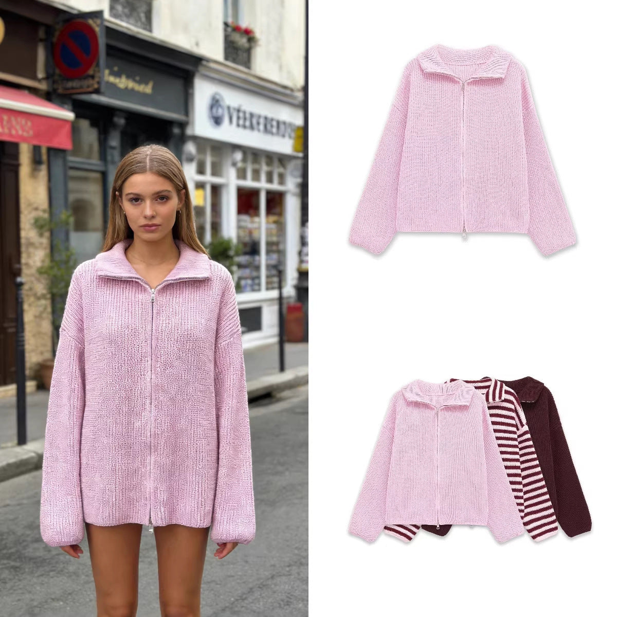Women's Chunky Knit Zip Cardigan with Stand-up Collar and Oversized Silhouette Chichicherry
