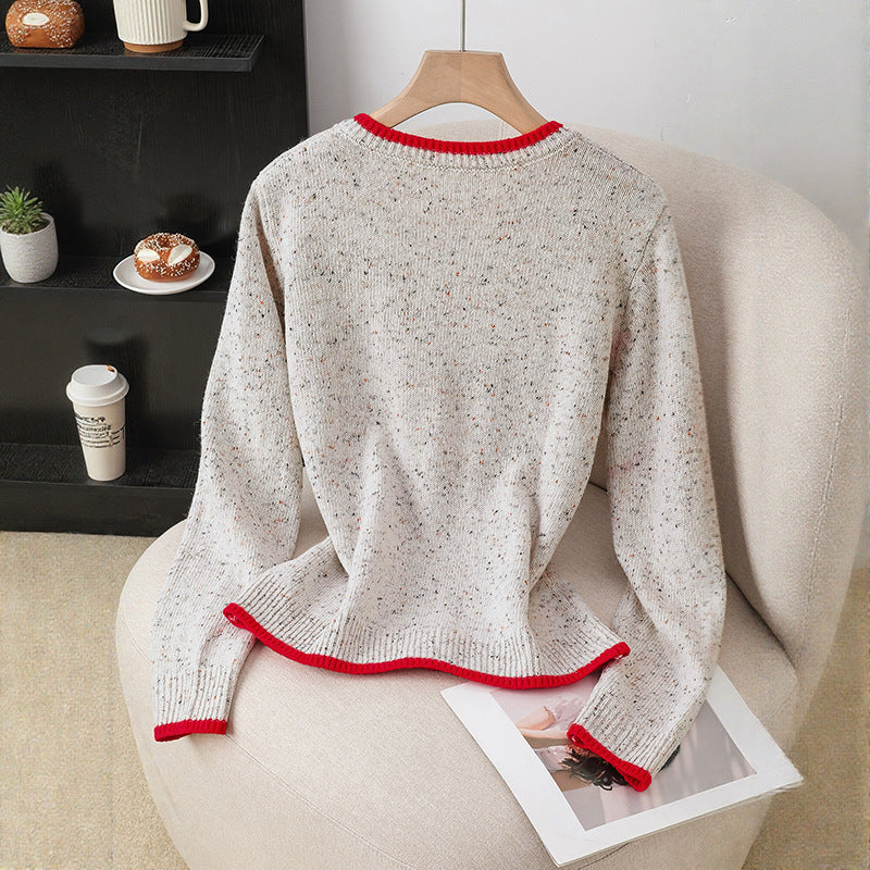 Women's Speckled Cardigan with Contrast Edges and Heart Buttons Chichicherry