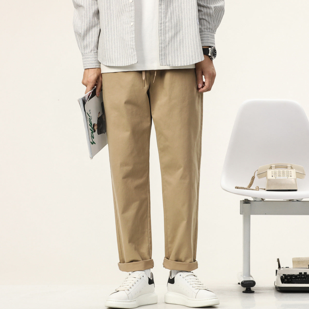 Men's Lightweight Cotton Blend Pants with Elastic Cord Waistband and Straight Leg Chichicherry