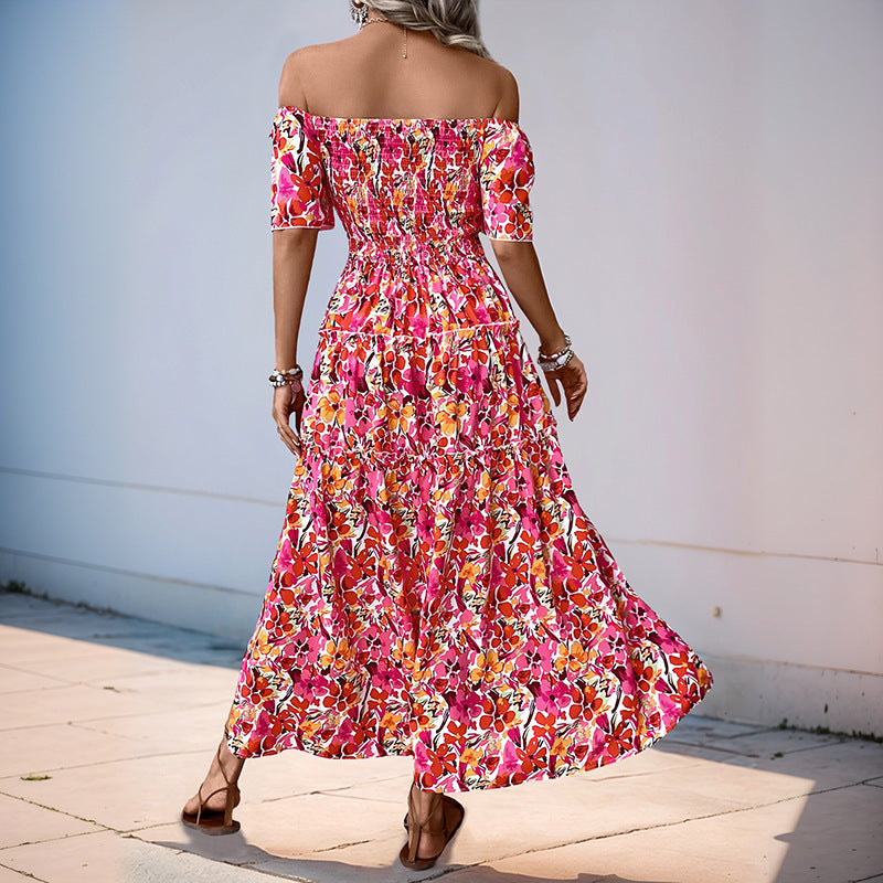 Women's Tiered Maxi Dress with Off-the-Shoulder Neckline, Smocked Bustier and Side Slit Chichicherry