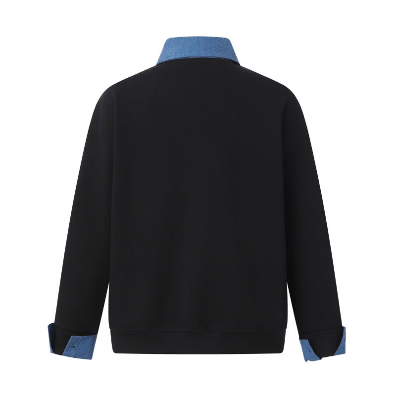 Unisex Oversize-Halfzip-Sweatshirt with contrasting shirt collar and denim cuffs Chichicherry