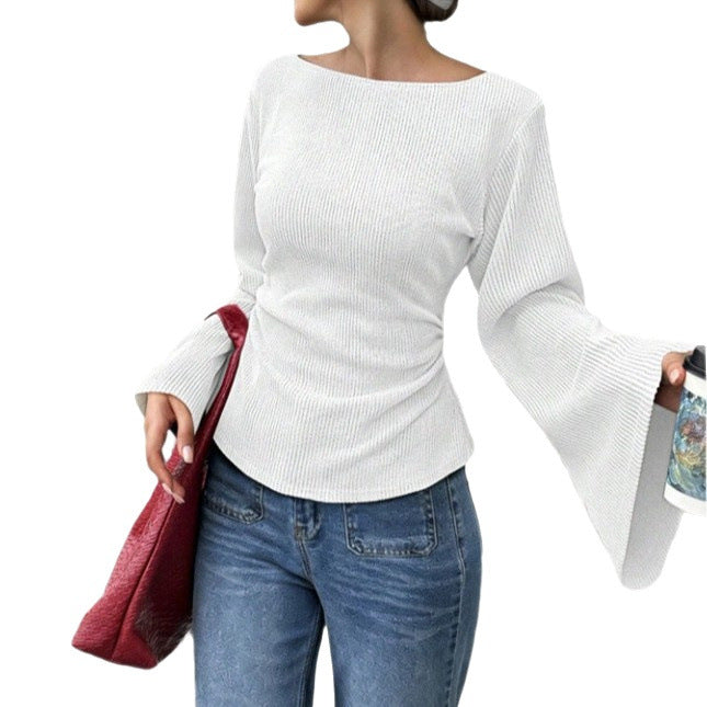 Women's Ribbed Fine Knit Top with Wide Trumpet Sleeves Chichicherry