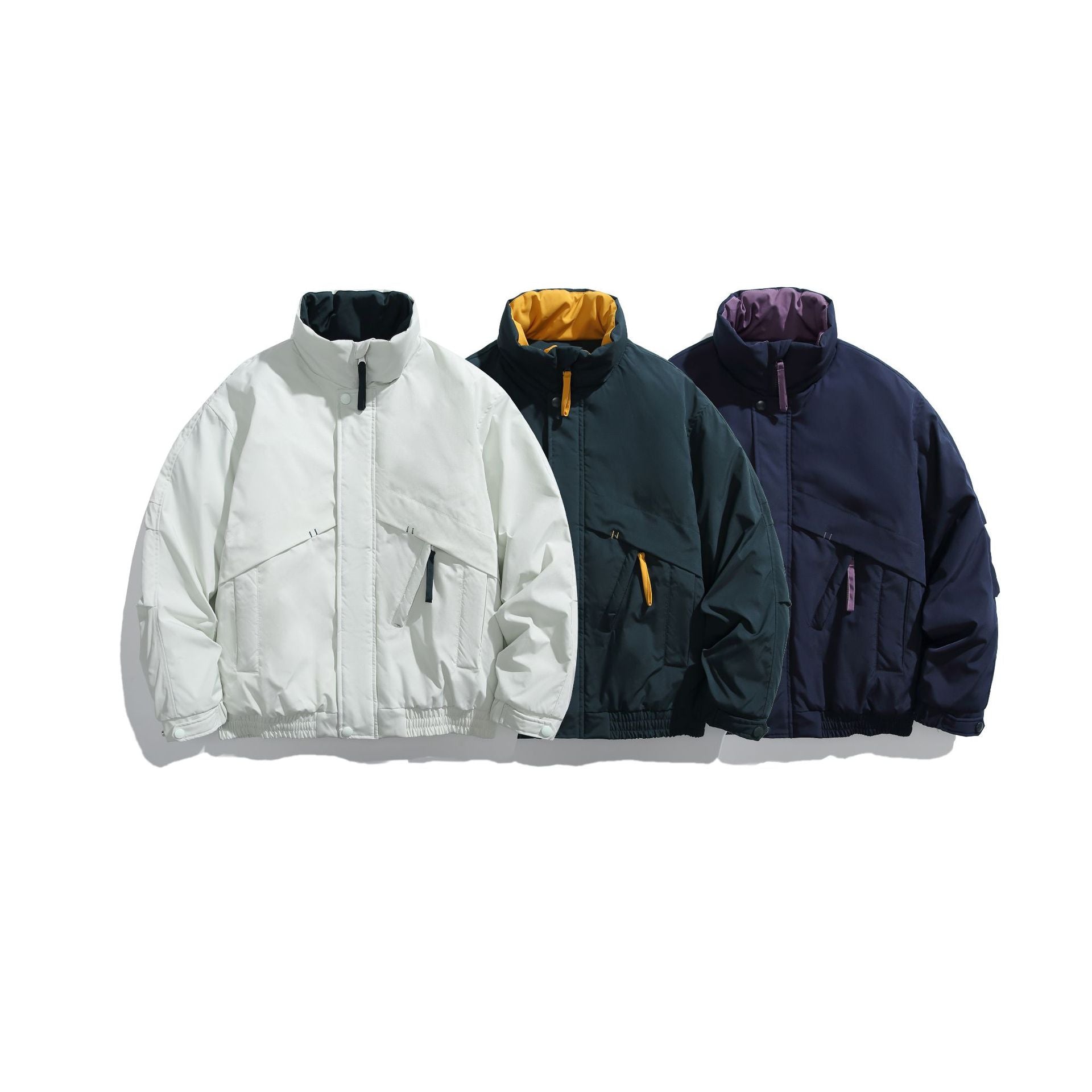 Unisex Short Cut Padded Boxy Bomber Jacket with High Stand-up Collar and Diagonal Flap Pockets Chichicherry