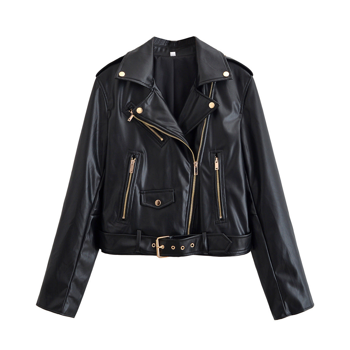 Women's biker jacket made of faux leather with asymmetrical zipper, waist belt, and gold-colored details Chichicherry