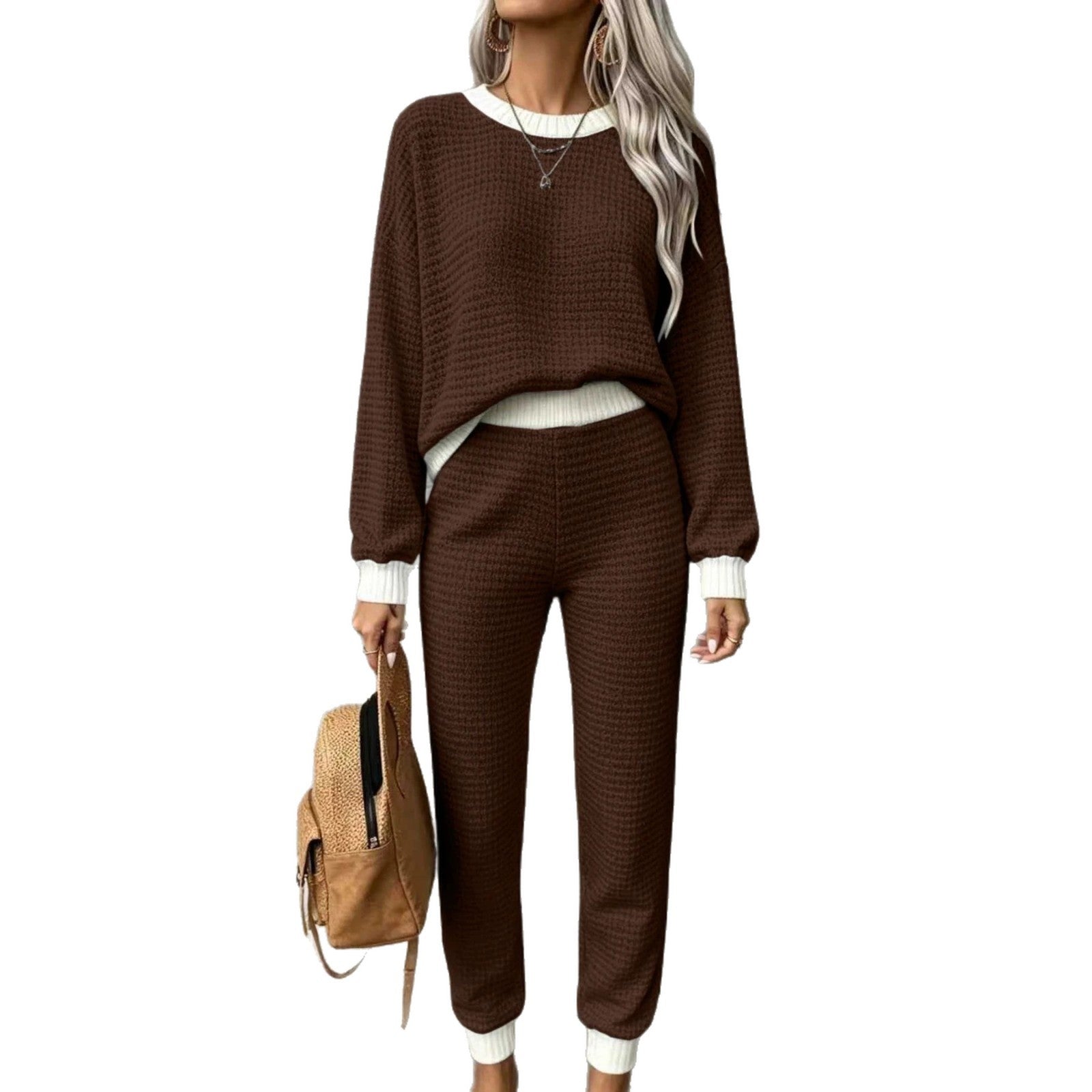Women's waffle knit comfort set with high-waisted slim joggers and oversized pullover Chichicherry