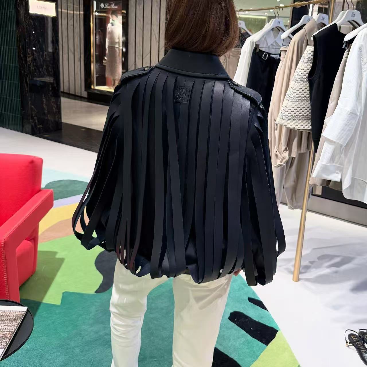 Ladies Faux Leather Fringe Blouson with Stand-up Collar and Waist Belt Chichicherry