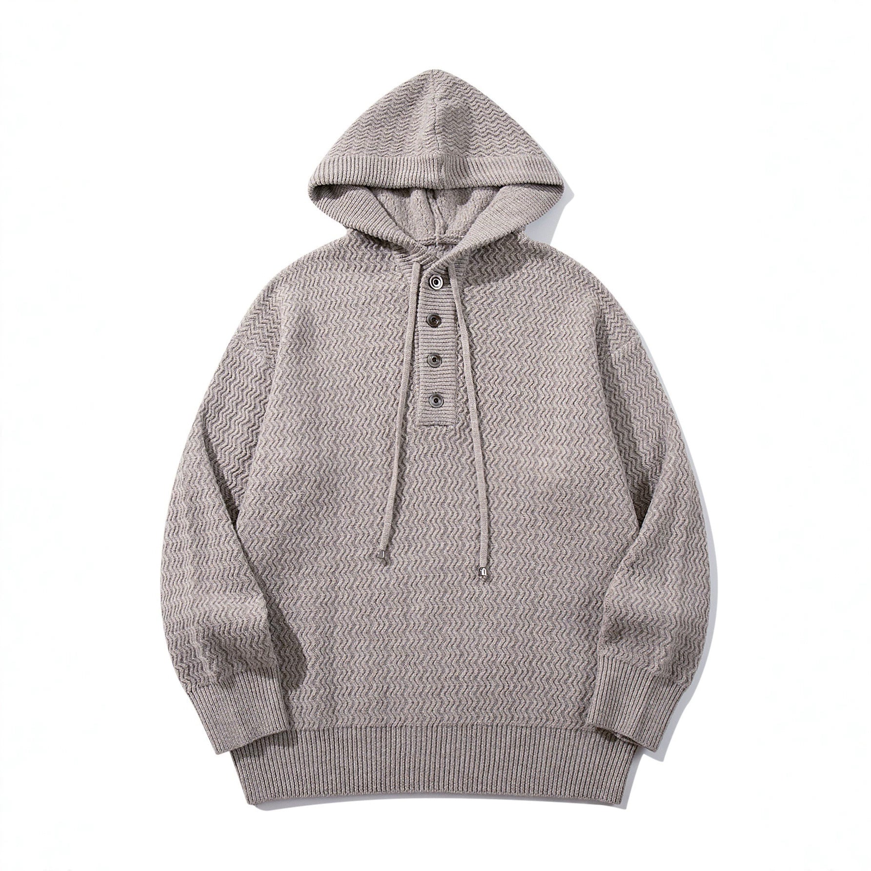 Unisex Structured Hooded Knit Sweater with Henley Button Placket Chichicherry