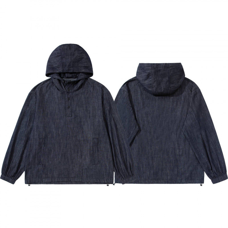 Unisex Denim-Blend Hooded Pullover in Overshirt Style with Henley Button Placket Chichicherry