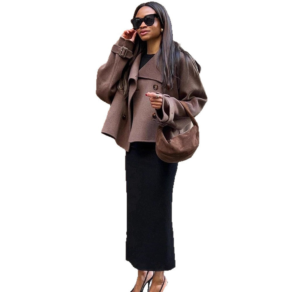 Women's Short Double-Breasted Wool Blend Peacoat with Dropped Shoulders and Epaulettes Chichicherry