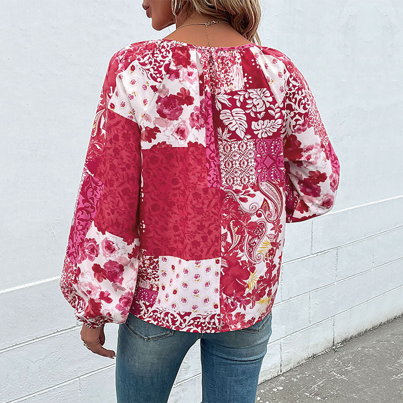 Women's Light Boho Blouse with Patchwork Print, Tied Slit and Balloon Sleeves Chichicherry