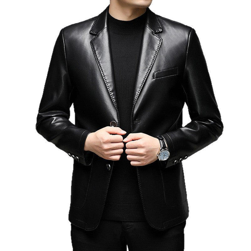 Men's Elegant Faux Leather Blazer in Tailored Fit with Lapel Collar and Flap Pockets Chichicherry