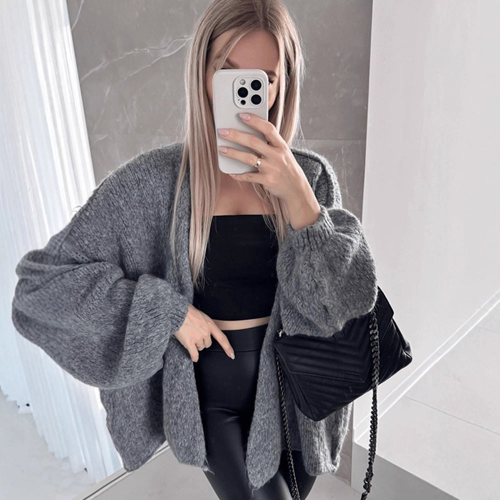 Women's Oversize Knit Cardigan with Voluminous Balloon Sleeves and Teddy-like Texture Chichicherry
