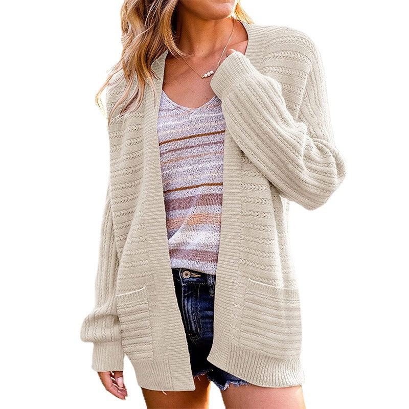 Women Oversize Knit Cardigan with Patch Pockets and Ribbed Structure Chichicherry