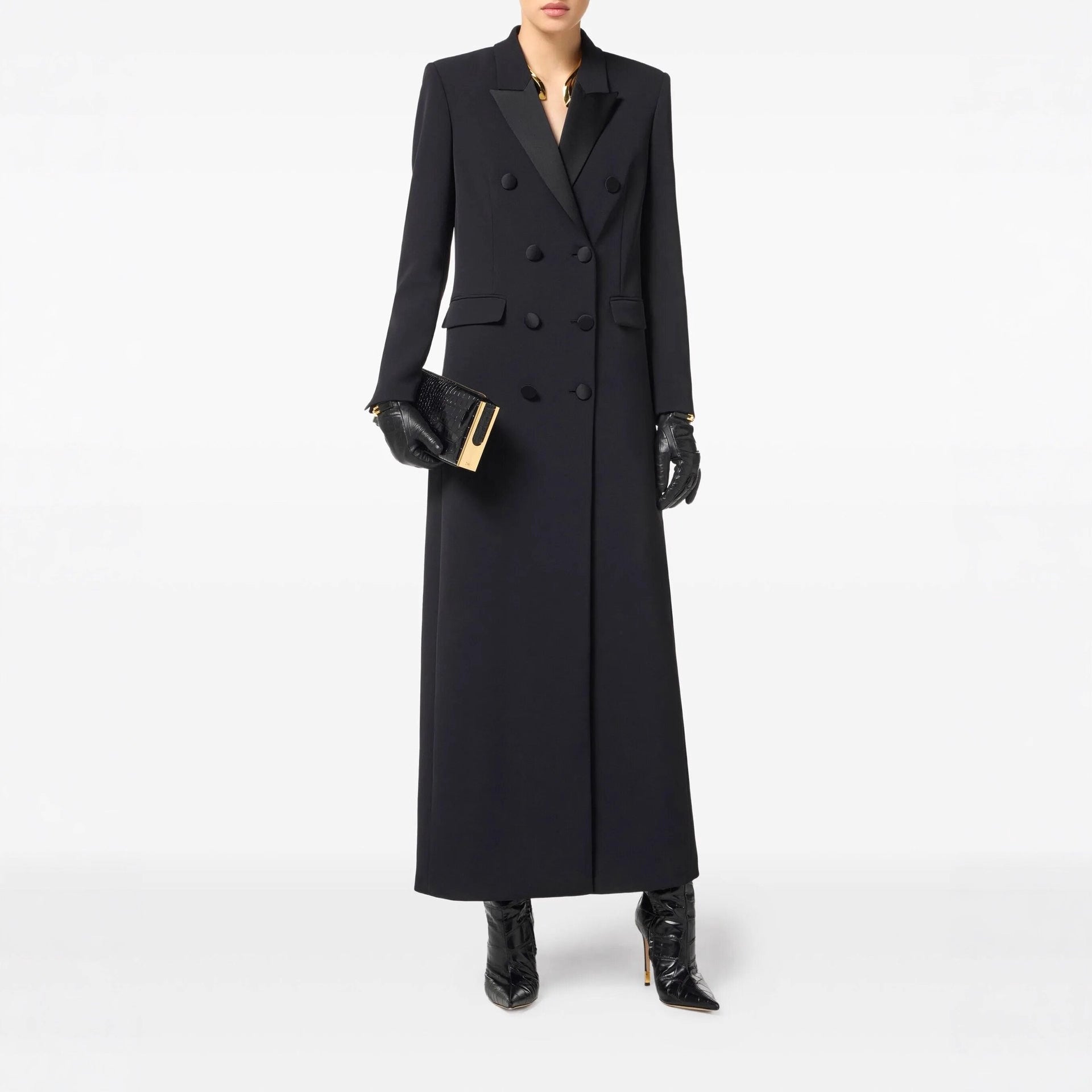 Women's double-breasted long-cut wool coat with pointed lapel Chichicherry