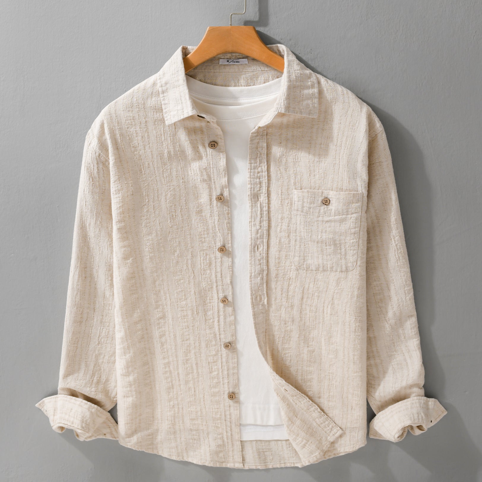 Men's Lightweight Textured Long Sleeve Shirt made of Linen-Cotton Blend Relaxed Fit with Chest Pocket Chichicherry