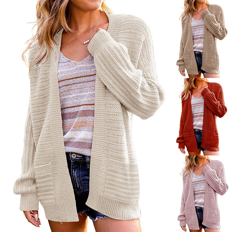 Women Oversize Knit Cardigan with Patch Pockets and Ribbed Structure Chichicherry