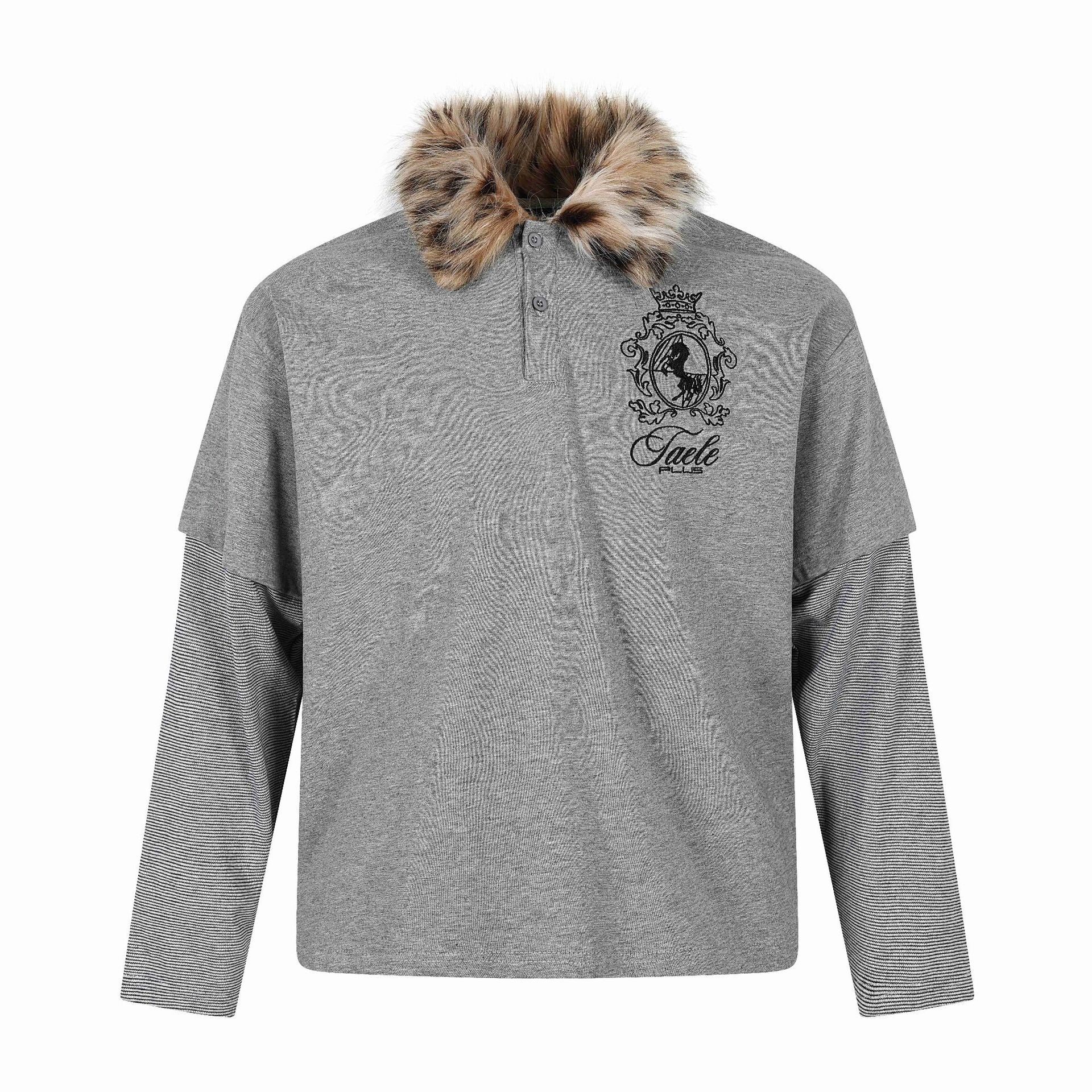 Women Layered-Look Long Sleeve Polo with Faux Fur Collar and Badge Embroidery Chichicherry