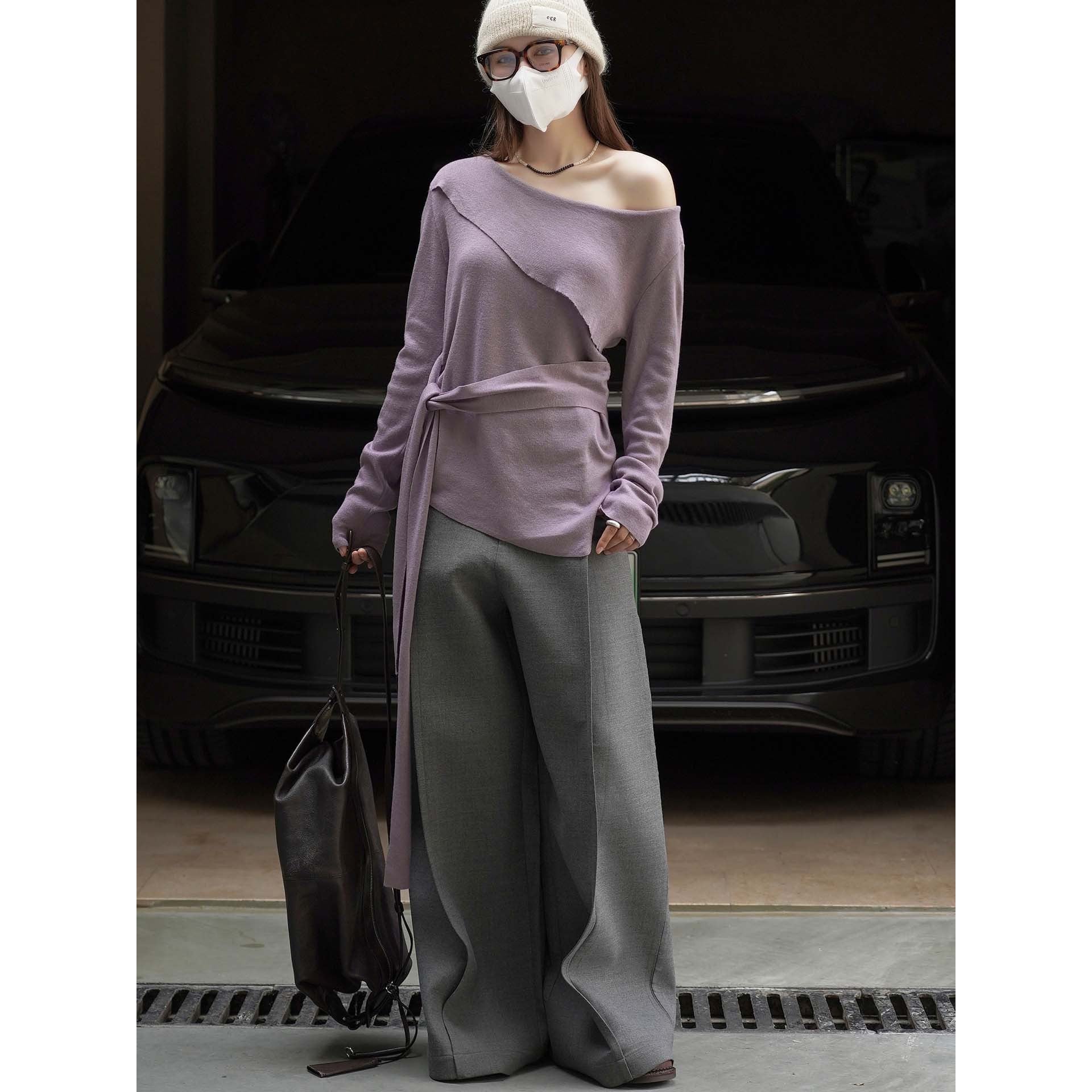 Women's Asymmetric One-Shoulder Fine Knit Top with Ties Chichicherry