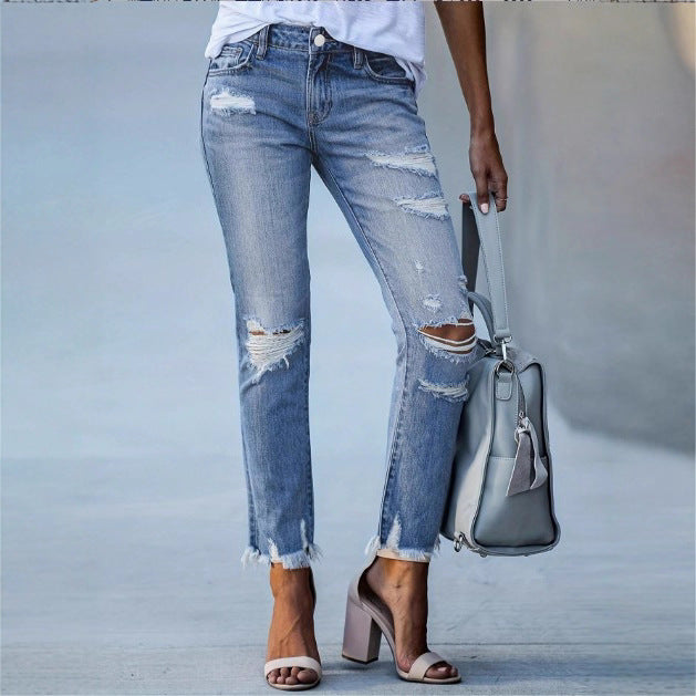 Ladies Casual Cropped Jeans with Distressed Destroy Design, High Waist and Asymmetrical Fringed Hem Chichicherry
