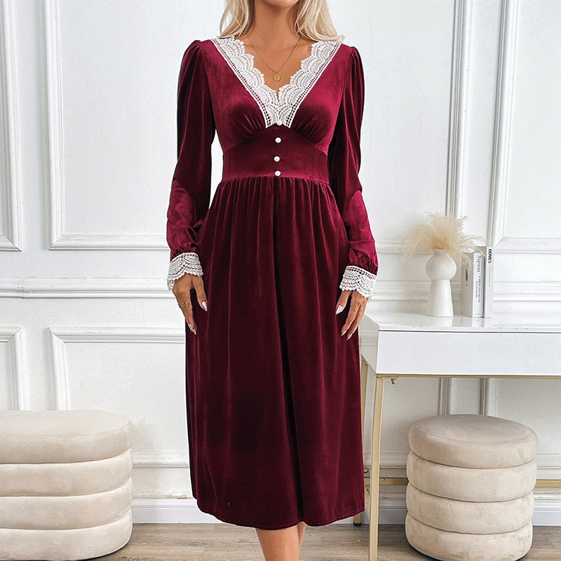Women's velvet midi dress with lace decoration, V neckline and fitted empire silhouette.