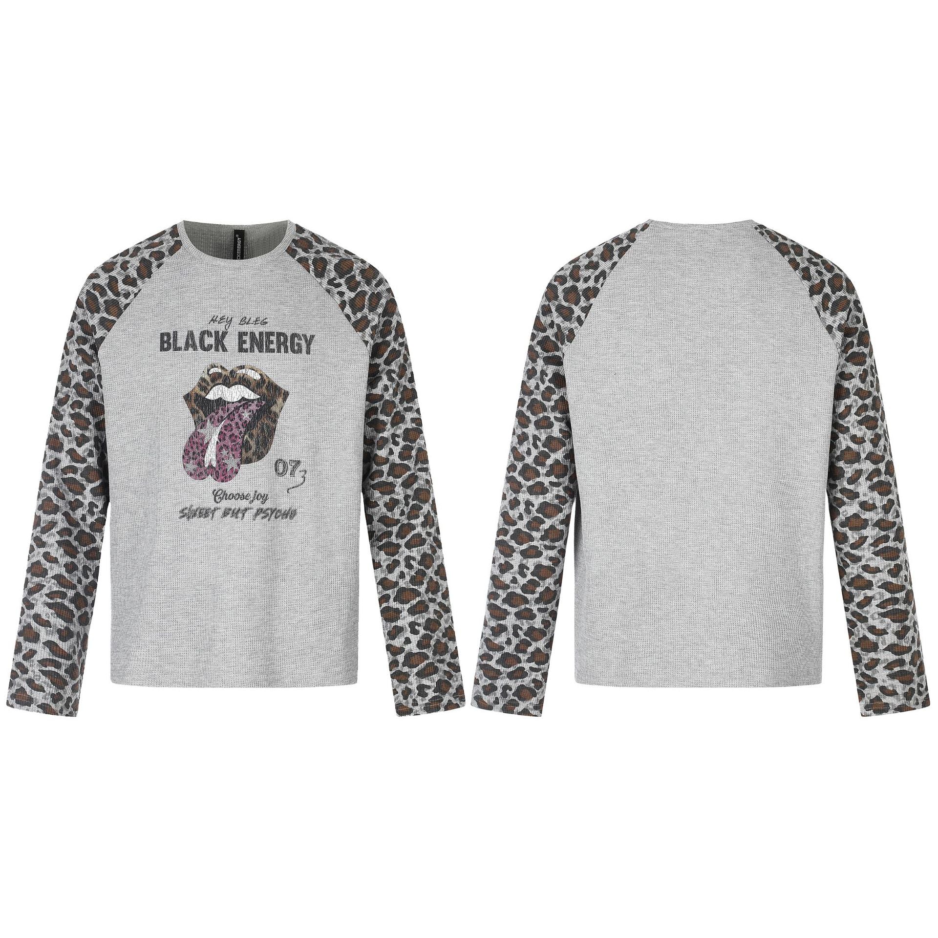Women's Casual Long Sleeve Shirt with Raglan Sleeves, Leopard Sleeves and Statement Print