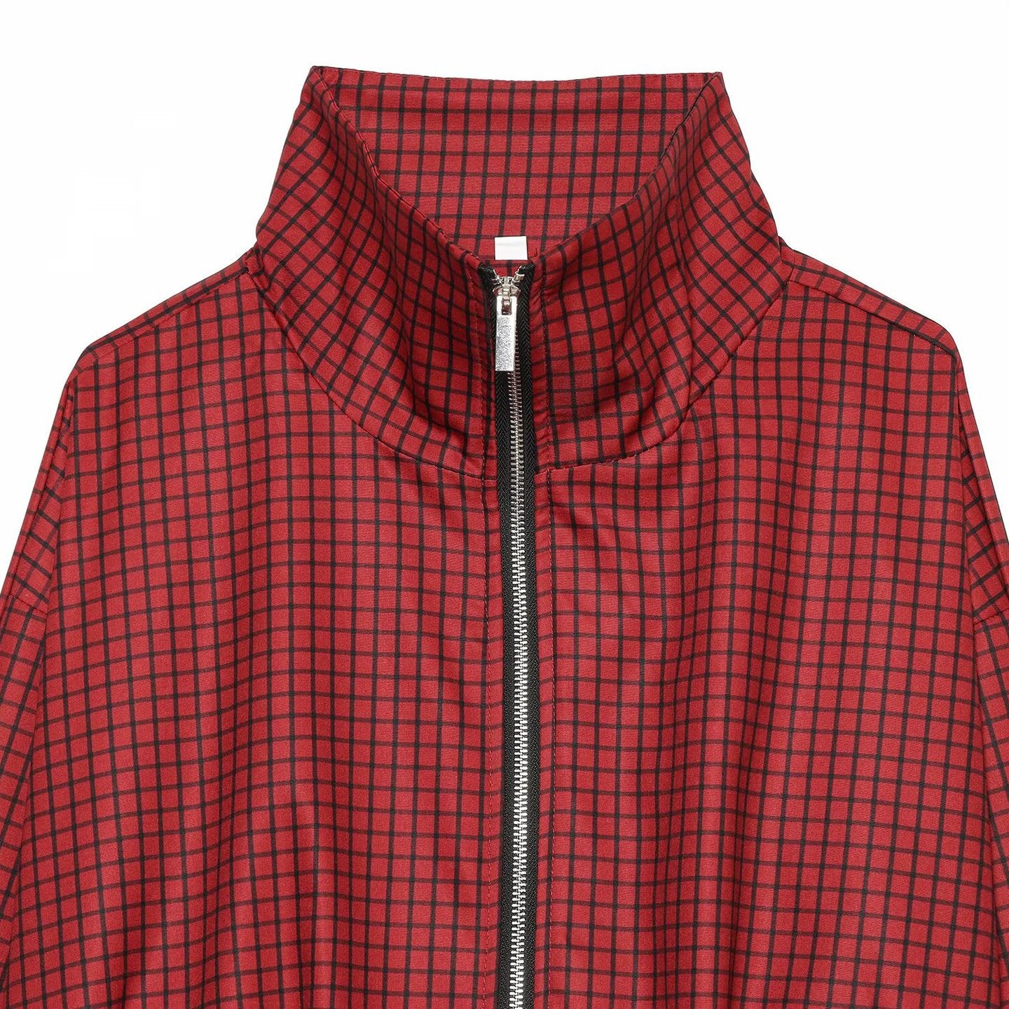 Women's Checked Cropped Bomber Jacket with High Stand Collar, Elastic Hem and Full Zip Chichicherry