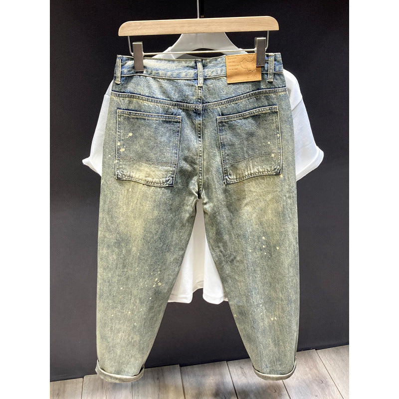 Herren Relaxed-Tapered Vintage-Jeans mit Paint‑Splatter, hohem Bund und umgeschlagenem Saum Chichicherry