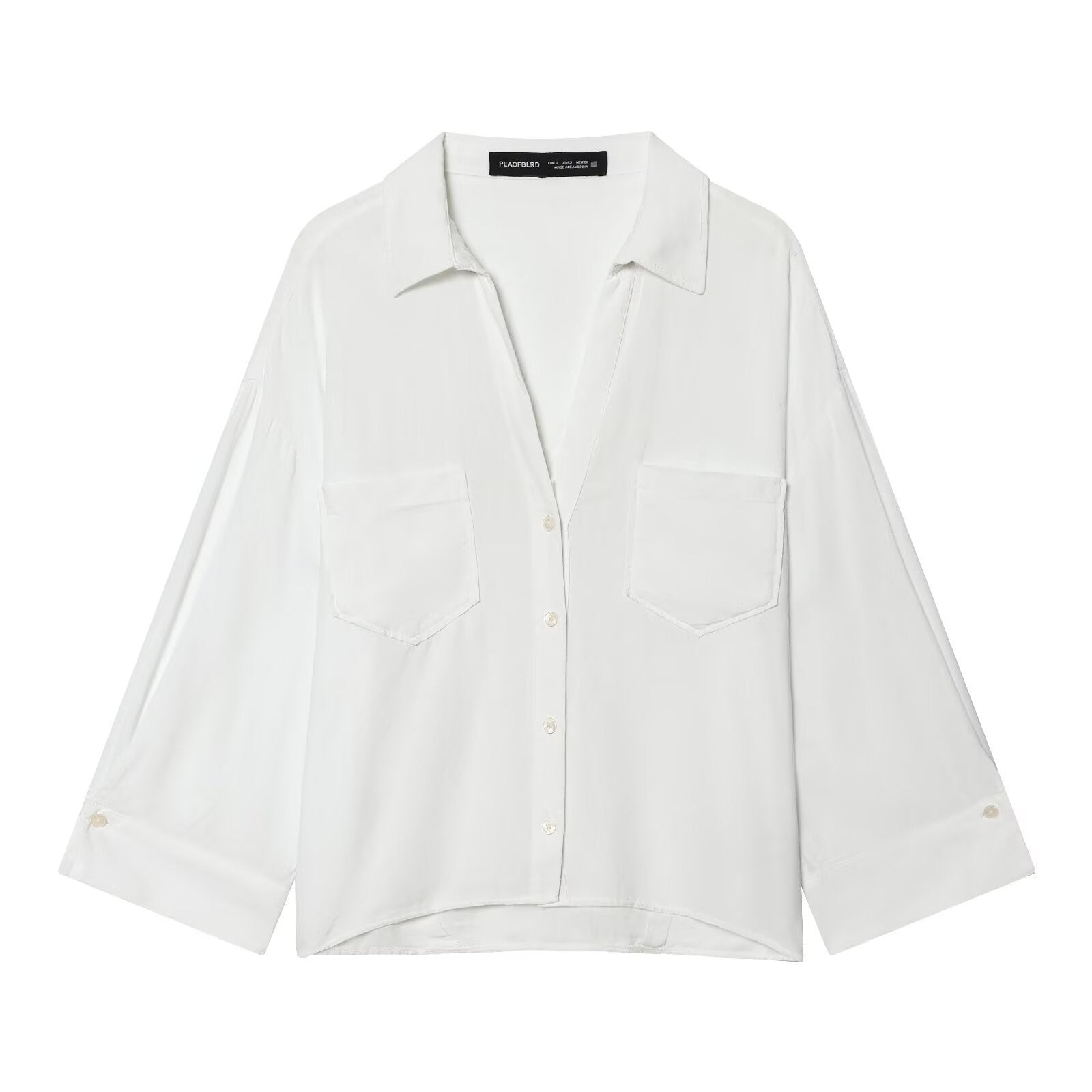 Women's Oversized Shirt Blouse with Chest Pockets, Three-Quarter Sleeves, and Curved Back Hem Chichicherry