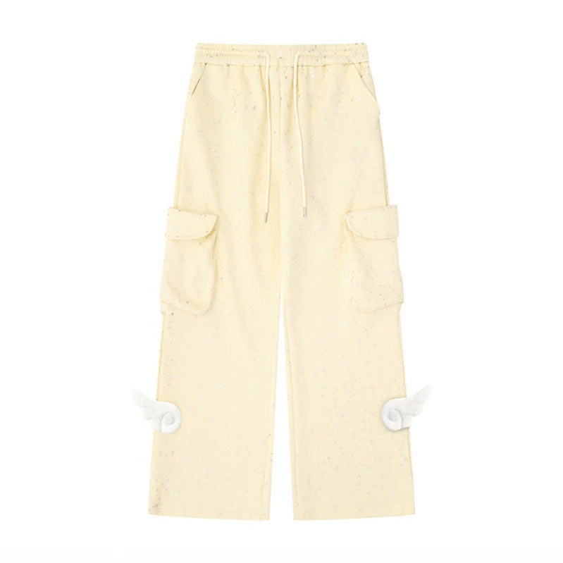 Women's Extra Wide Cargo Palazzo Sweatpants with Drawstring Waistband and Decorative Wing Appliqués Chichicherry