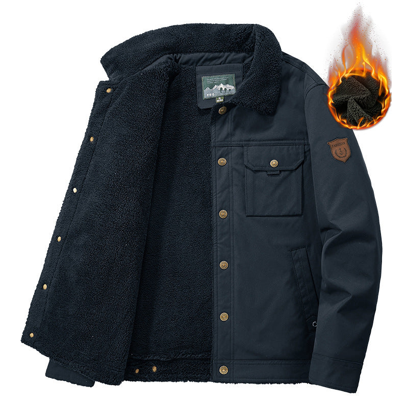 Men's outdoor work jacket made of canvas with warming teddy fleece lining and vintage utility details Chichicherry