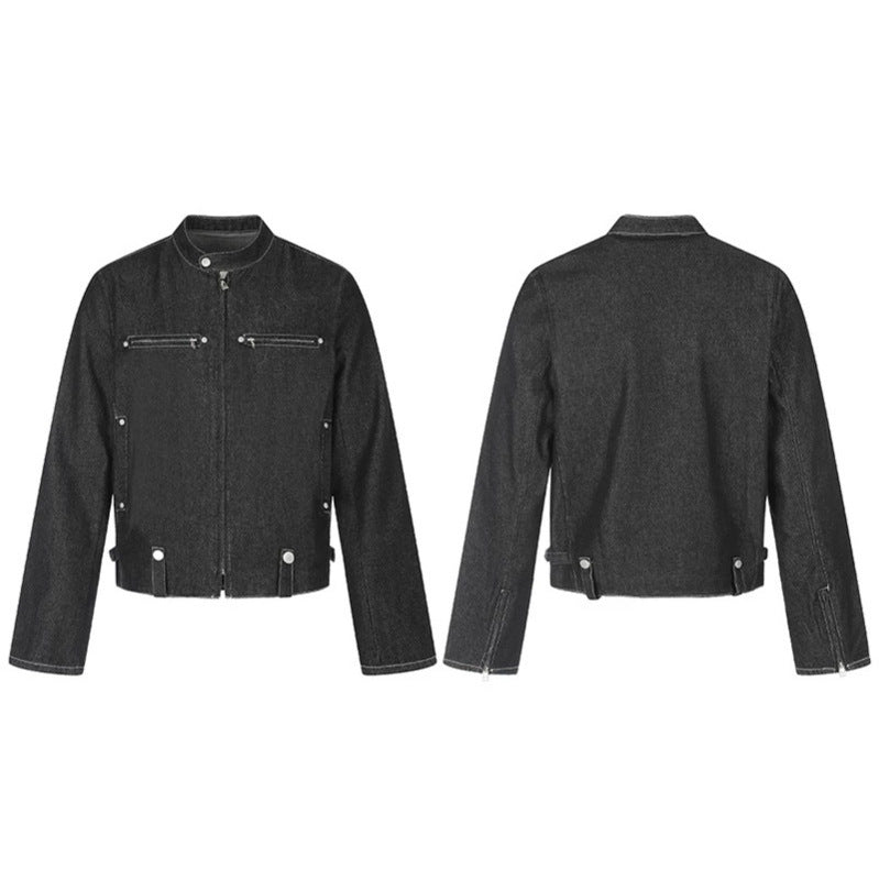 Women's short denim biker jacket with stand-up collar, zipper and snap button details Chichicherry