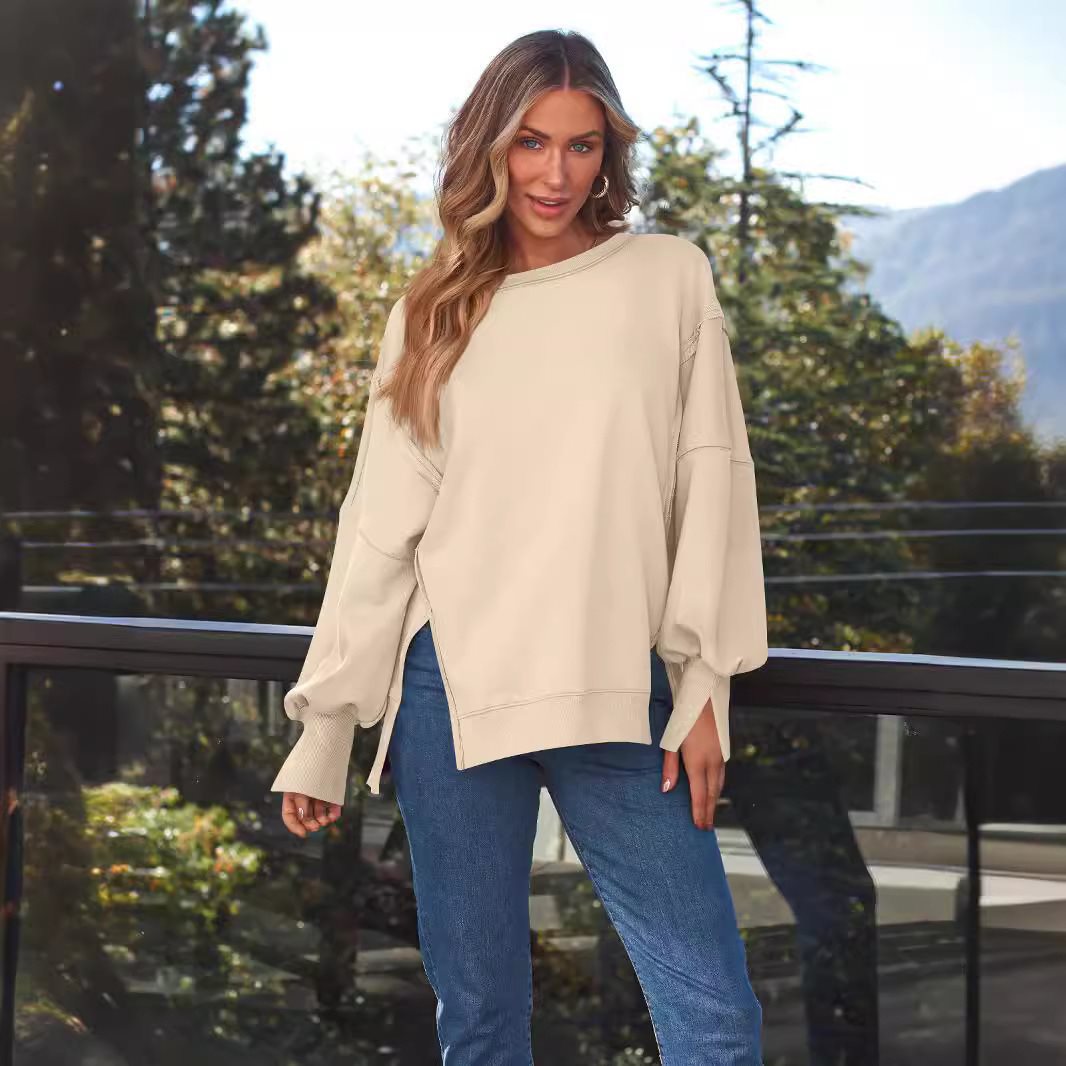 Ladies Soft Longline Sweatshirt with Balloon Sleeves, Side Slits and Ribbed Hem Chichicherry