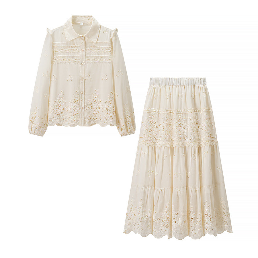 Women's Boho Maxi Dress with Embroidery, Lace Trim, Elastic Waist and Shirt Collar Chichicherry