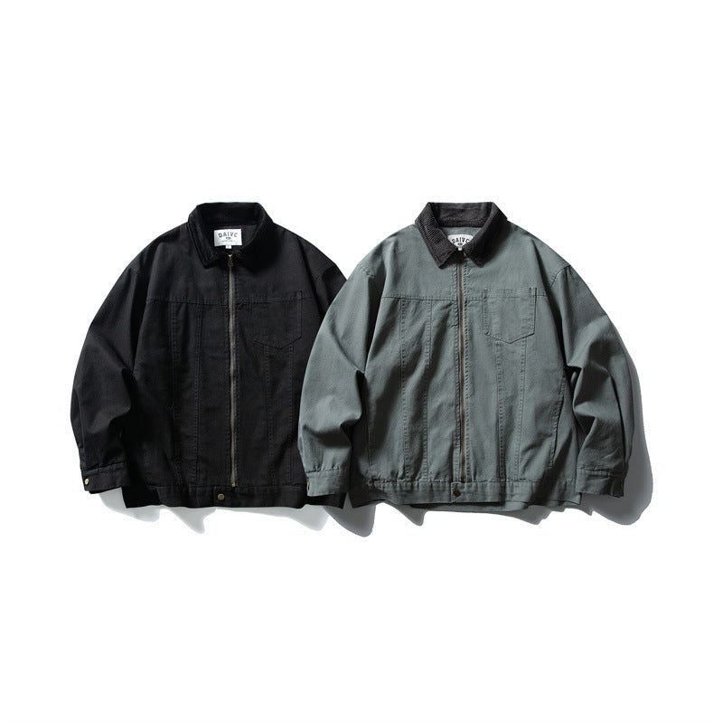 Men's Boxy Canvas Blouson Jacket with Cord Collar and Full-Length Zipper Chichicherry