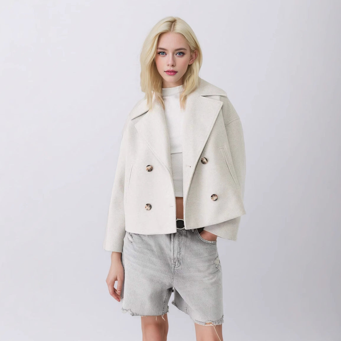 Women's Short Double-Breasted Wool Blend Coat with Oversized Lapels Chichicherry