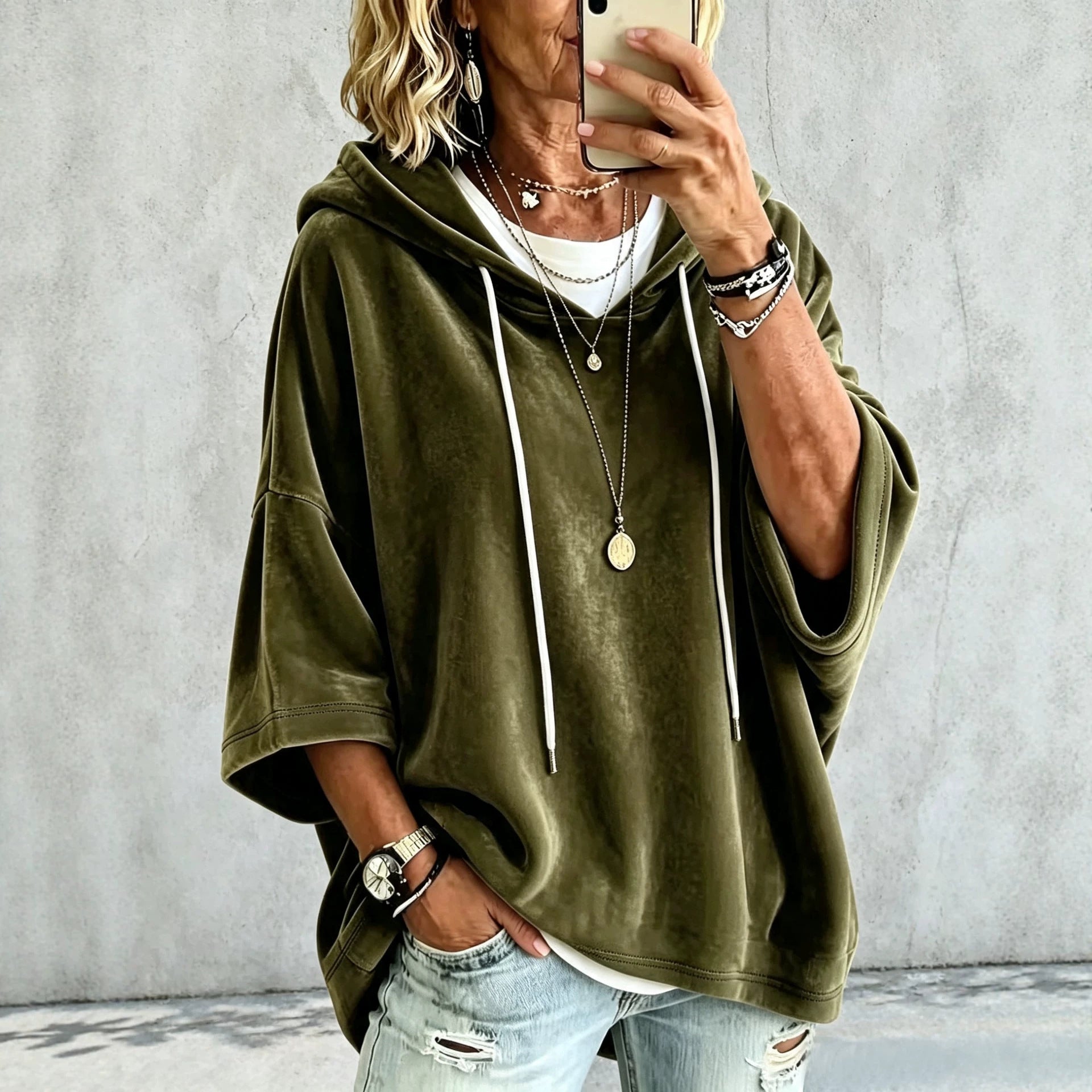 Women's Short Sleeved Oversized Velvet Hoodie with Drawstring Chichicherry