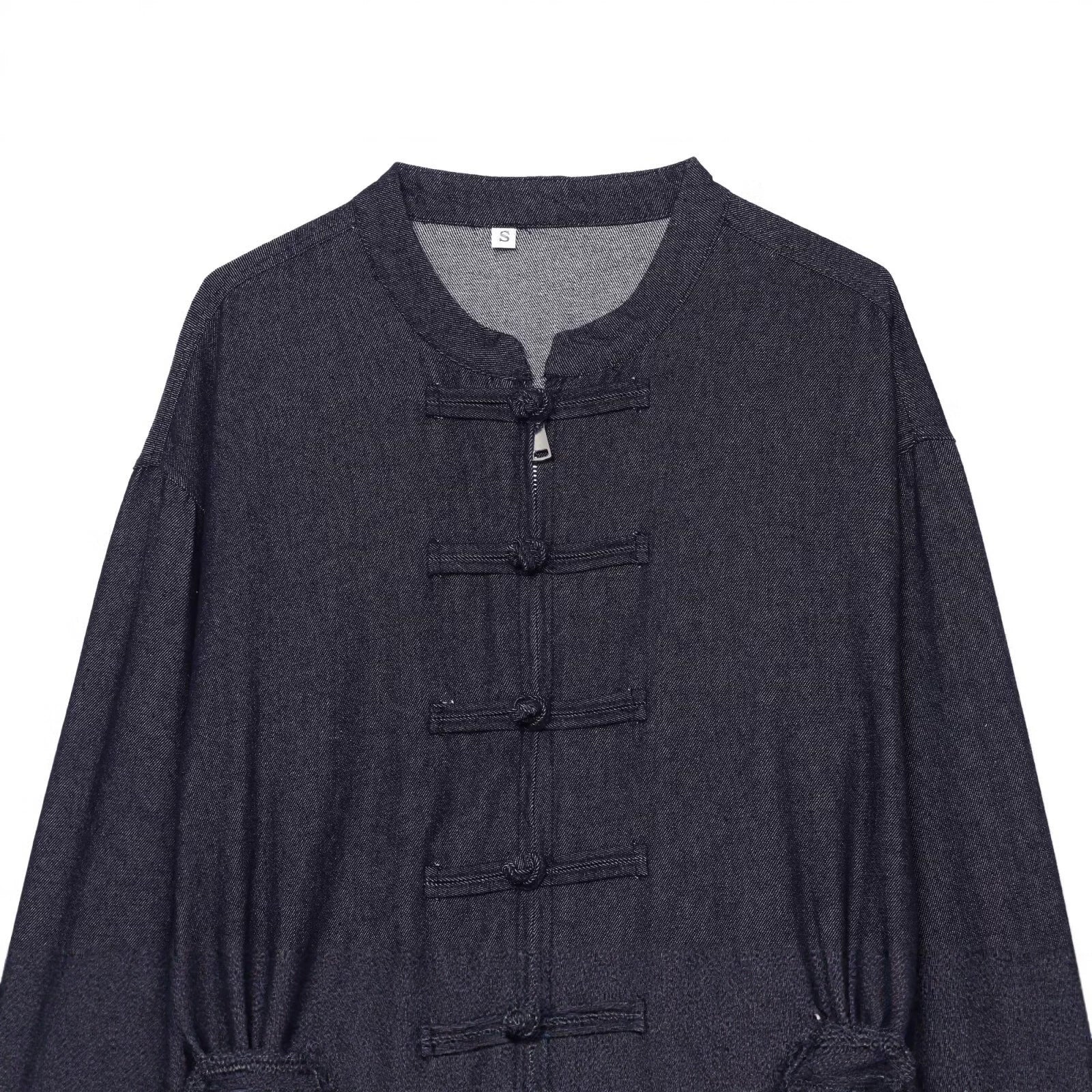 Women's Cropped Jeans Jacket in China Style with Mandarin Collars and Knot Closures Chichicherry