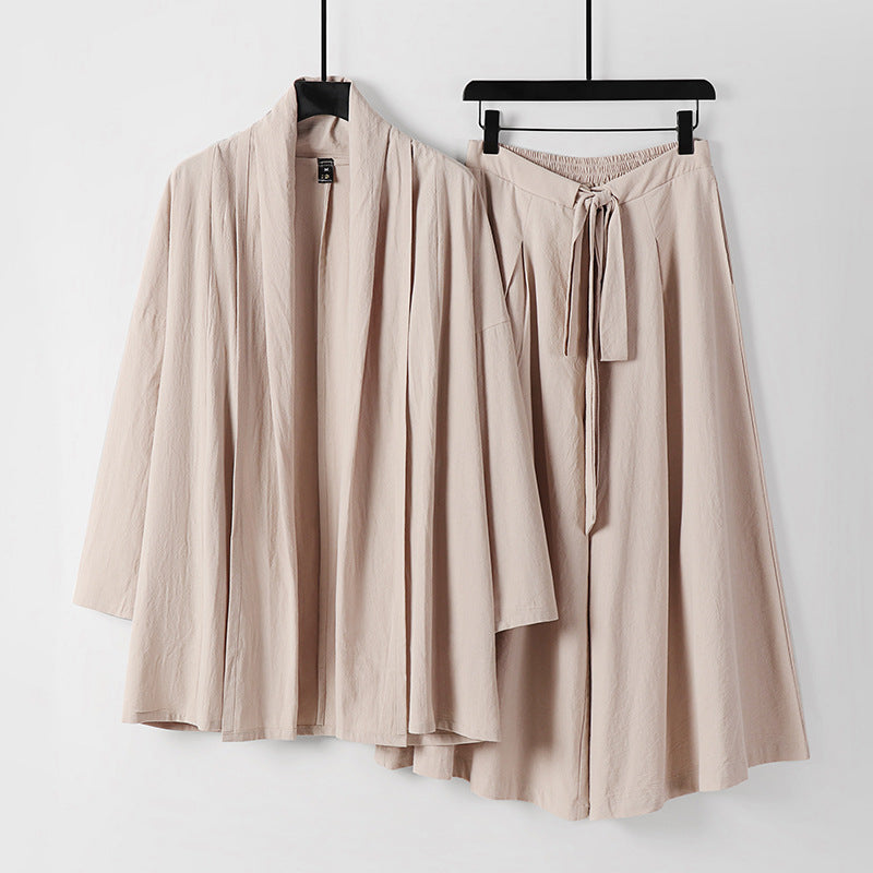 Women Two-Piece Lounge Set in Kimono Style with Open Shawl Collar and Wide Palazzo Skirt Chichicherry