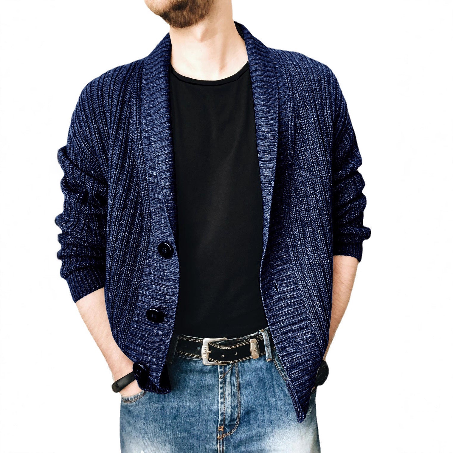 Men's knitted cardigan with shawl collar and button placket Chichicherry