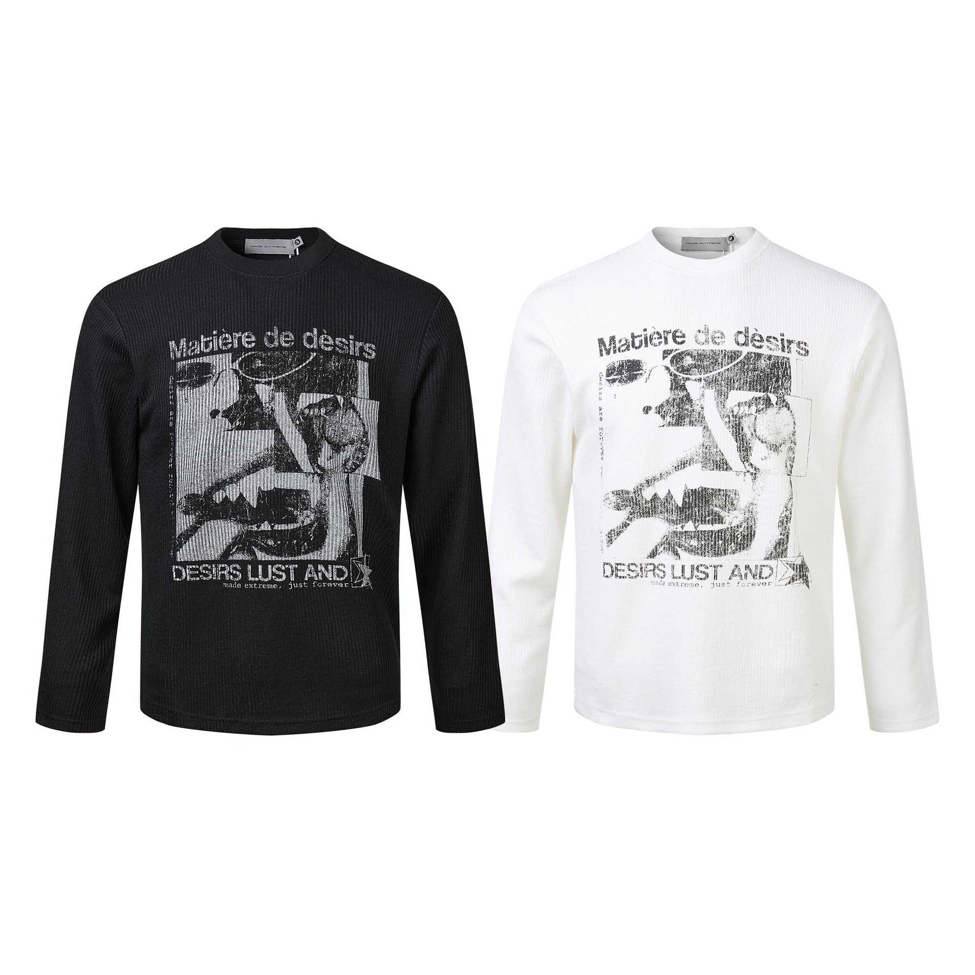 Unisex Ribbed Long Sleeve Shirt with Crew Neck and Distressed Graphic Print Chichicherry