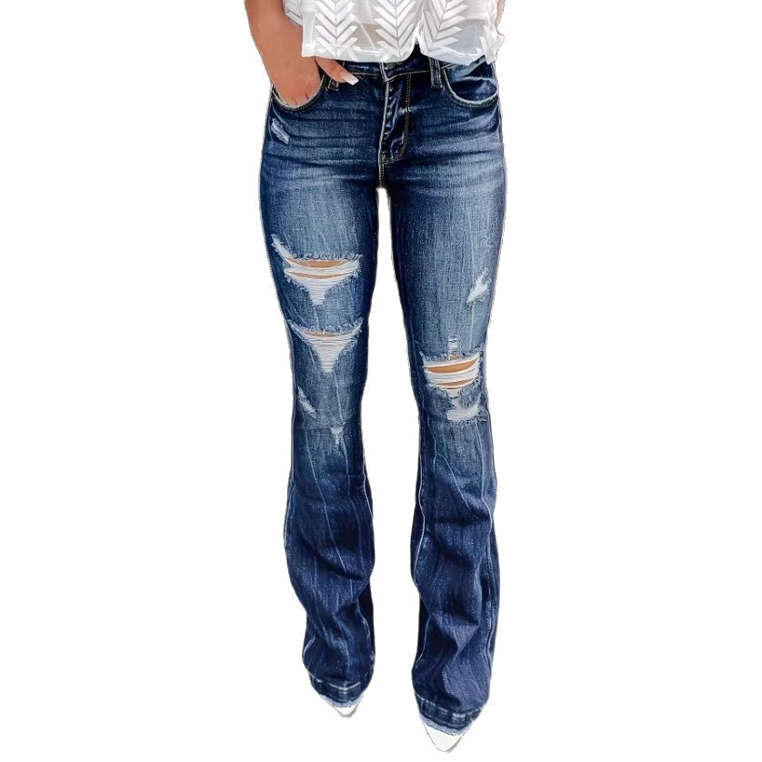 Women's High-Waisted Flared Jeans in Retro Flare with Large Rip Applications and Shaping Fit Chichicherry