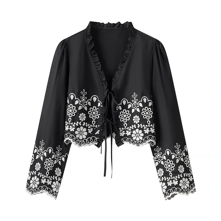 Ladies Embroidered Short Bolero with Ruffled V-Neck and Lacing Closure Chichicherry