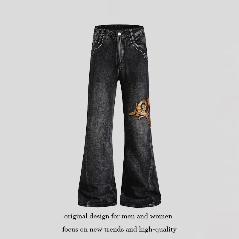 Women Wide High-Waist Flared Jeans with Baroque Embroidery Chichicherry
