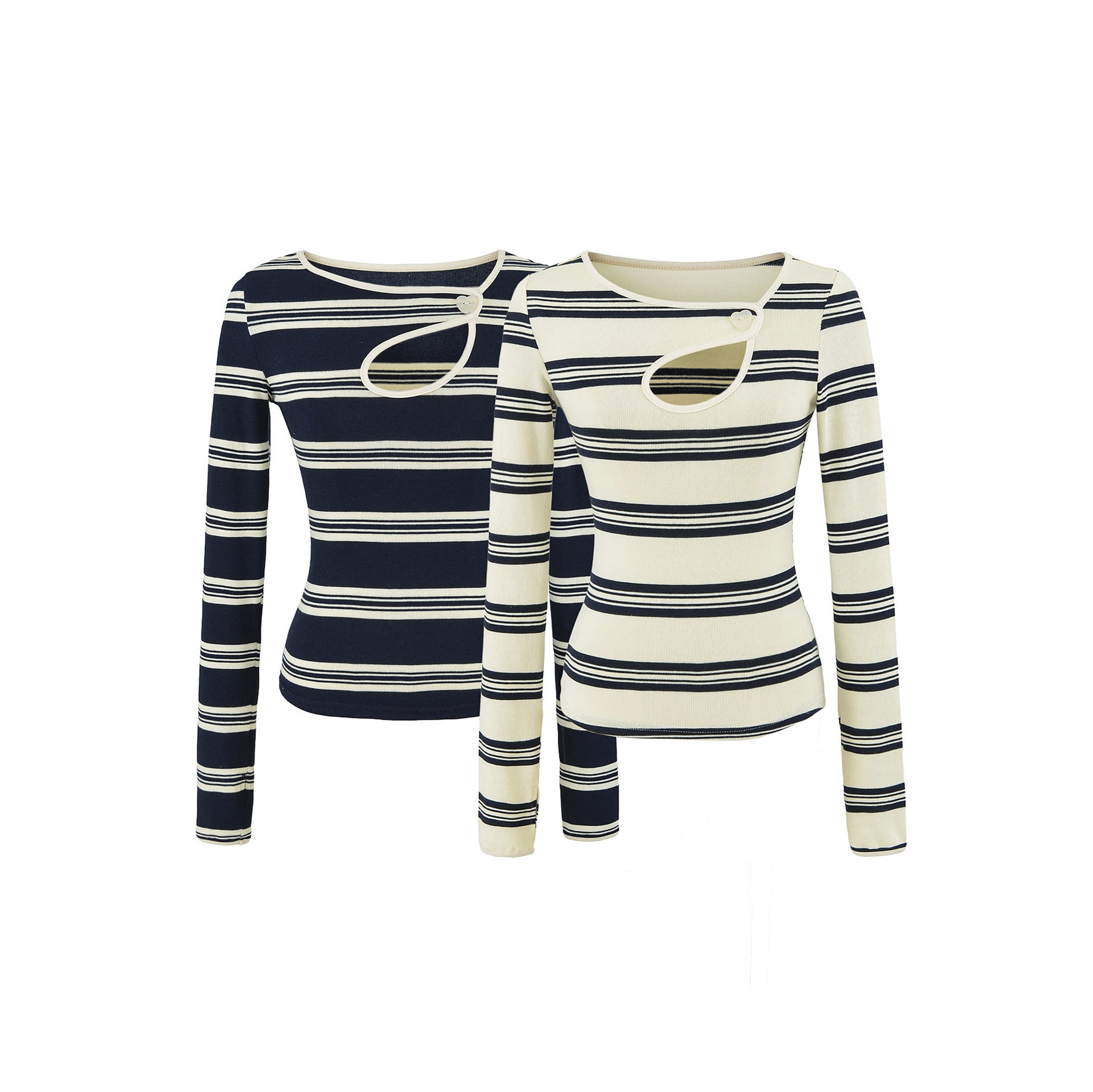 Women's Striped Fine Knit Top with Asymmetric Heart Button Detail