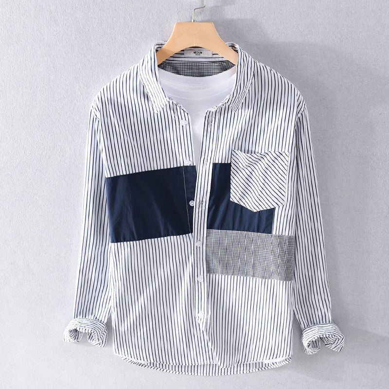 Men's Striped Overshirt with Color Block Inserts and Patch Chest Pocket Chichicherry