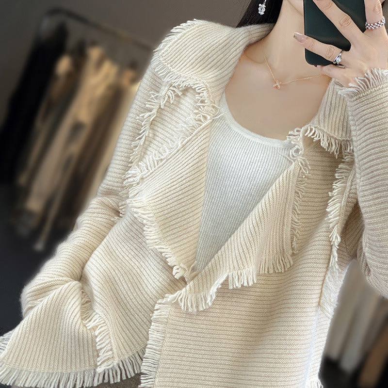 Women Long Fringe Knit Cardigan with Large Shawl Collar and Fine Rib Structure Chichicherry